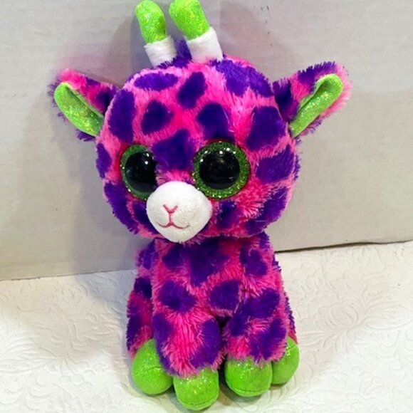 Ty Beanie Baby Ty Silk "Gilbert" Giraffe Glitter Eyes 7" Pink Purple Green - Picture 1 of 9